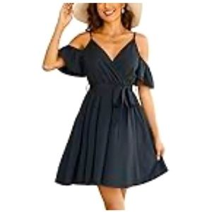 Leereya Cold Shoulder Black Short Dress for Women Summer Spaghetti Strap Flowy